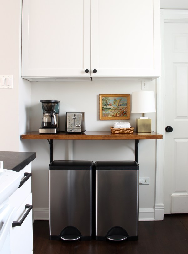 Kitchen Butcher Block Shelf over Trashcans